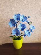 Gehaakte orchideeplant in gele pot, blauw bloemdecor van acrylgaren