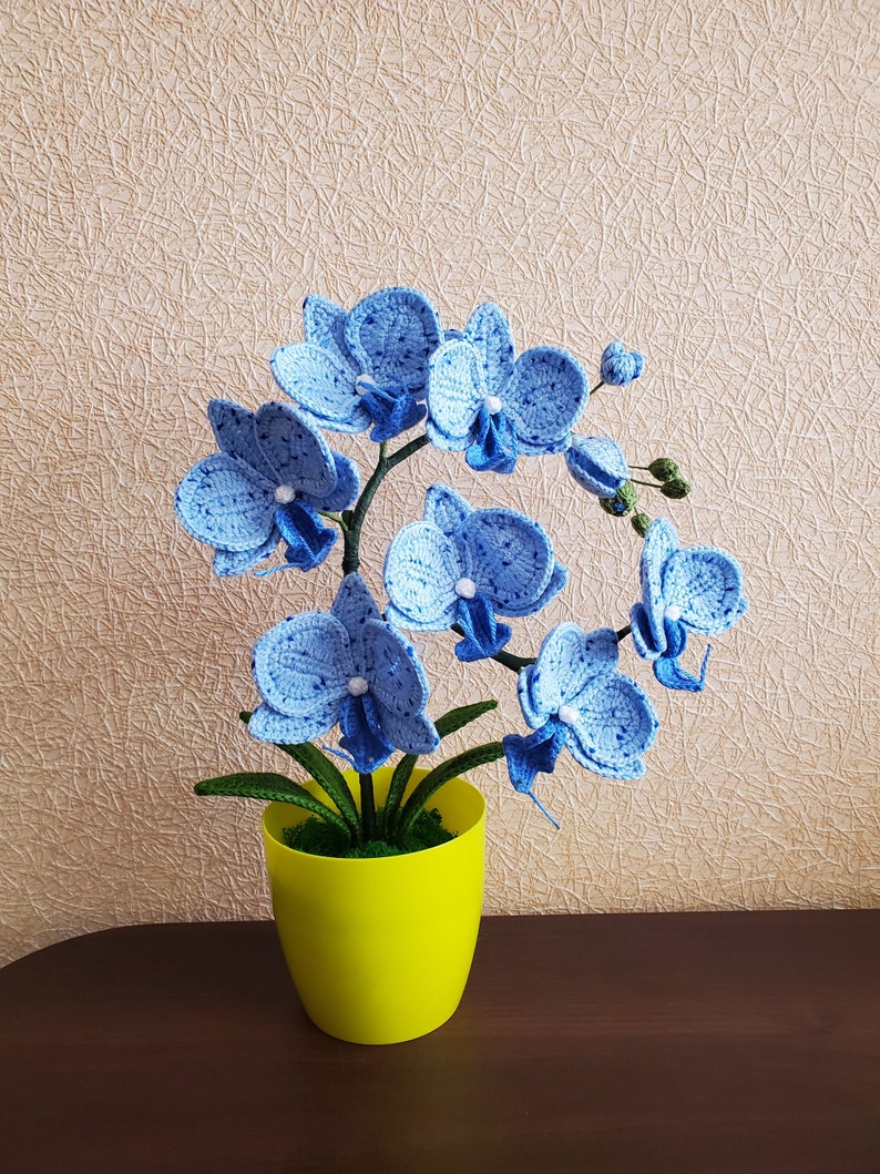 Gehaakte orchideeplant in gele pot, blauw bloemdecor van acrylgaren