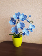Gehaakte orchideeplant in gele pot, blauw bloemdecor van acrylgaren