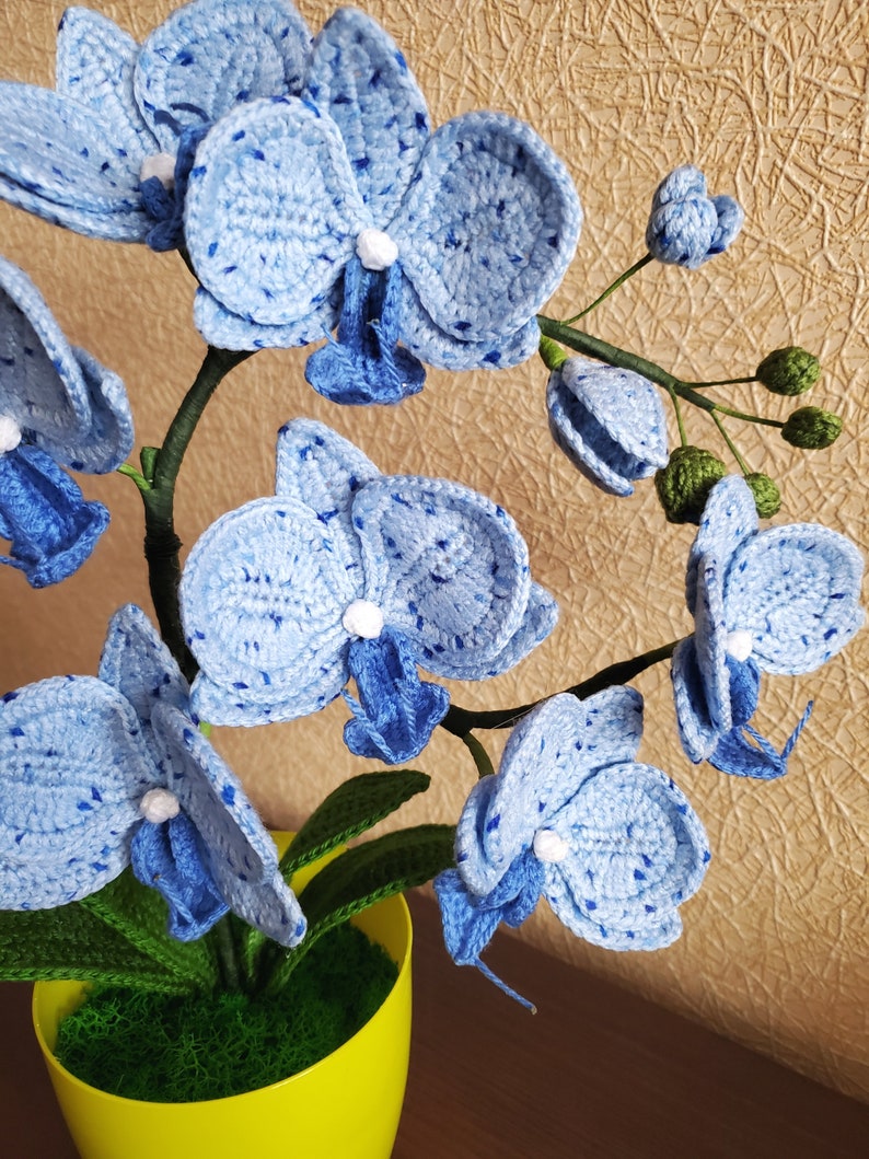 Gehaakte orchideeplant in gele pot, blauw bloemdecor van acrylgaren