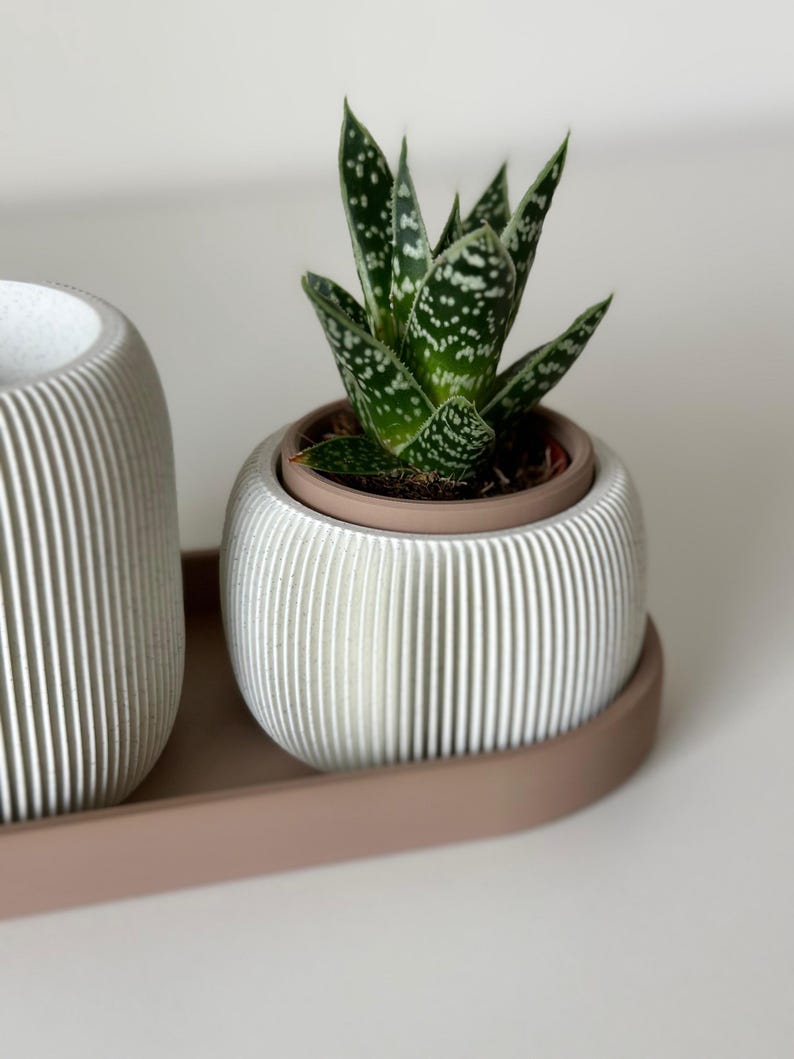 Minimalistische bureauopberger met pennenhouder en plantenbak