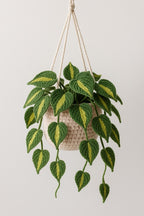 Gehaakte hangmand met hartvormige bladeren en bloemen voor planten, handgemaakte wanddecoratie