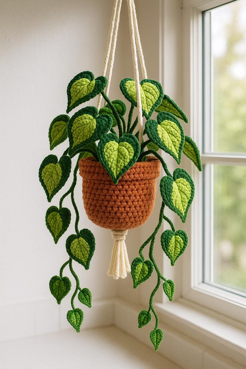Gehaakte hangmand met hartvormige bladeren en bloemen voor planten, handgemaakte wanddecoratie