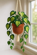 Gehaakte hangmand met hartvormige bladeren en bloemen voor planten, handgemaakte wanddecoratie