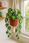 Gehaakte hangmand met hartvormige bladeren en bloemen voor planten, handgemaakte wanddecoratie