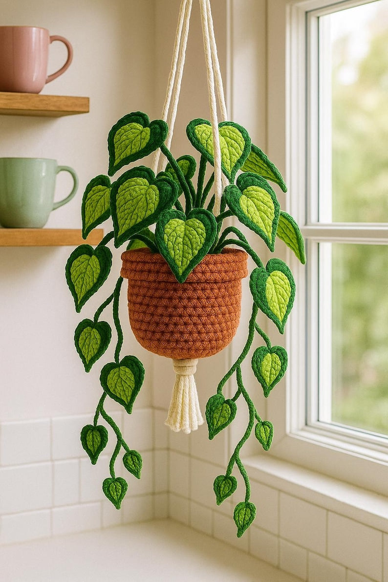 Gehaakte hangmand met hartvormige bladeren en bloemen voor planten, handgemaakte wanddecoratie