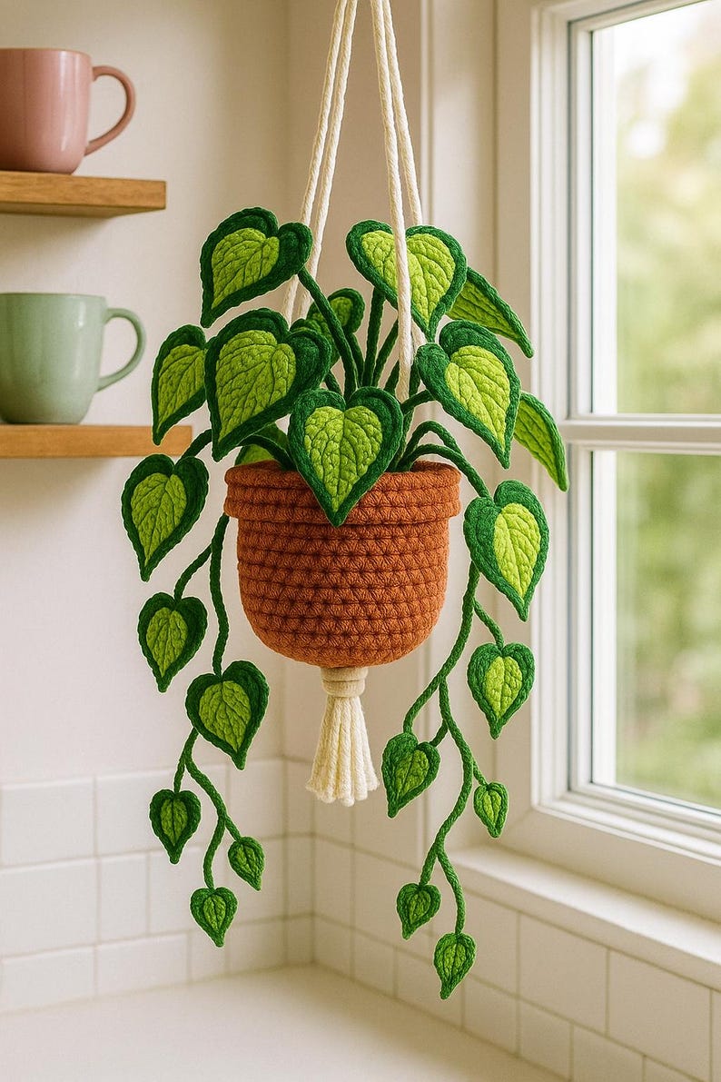 Gehaakte hangplant met hartvormige bladeren, groenblijvend keukendecoratie
