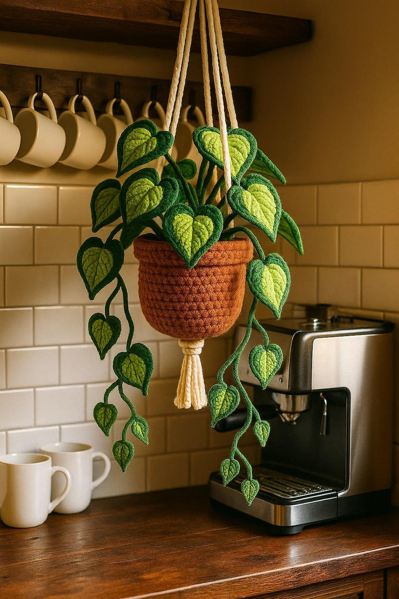 Gehaakte hangmand met hartvormige bladeren en bloemen voor planten, handgemaakte wanddecoratie