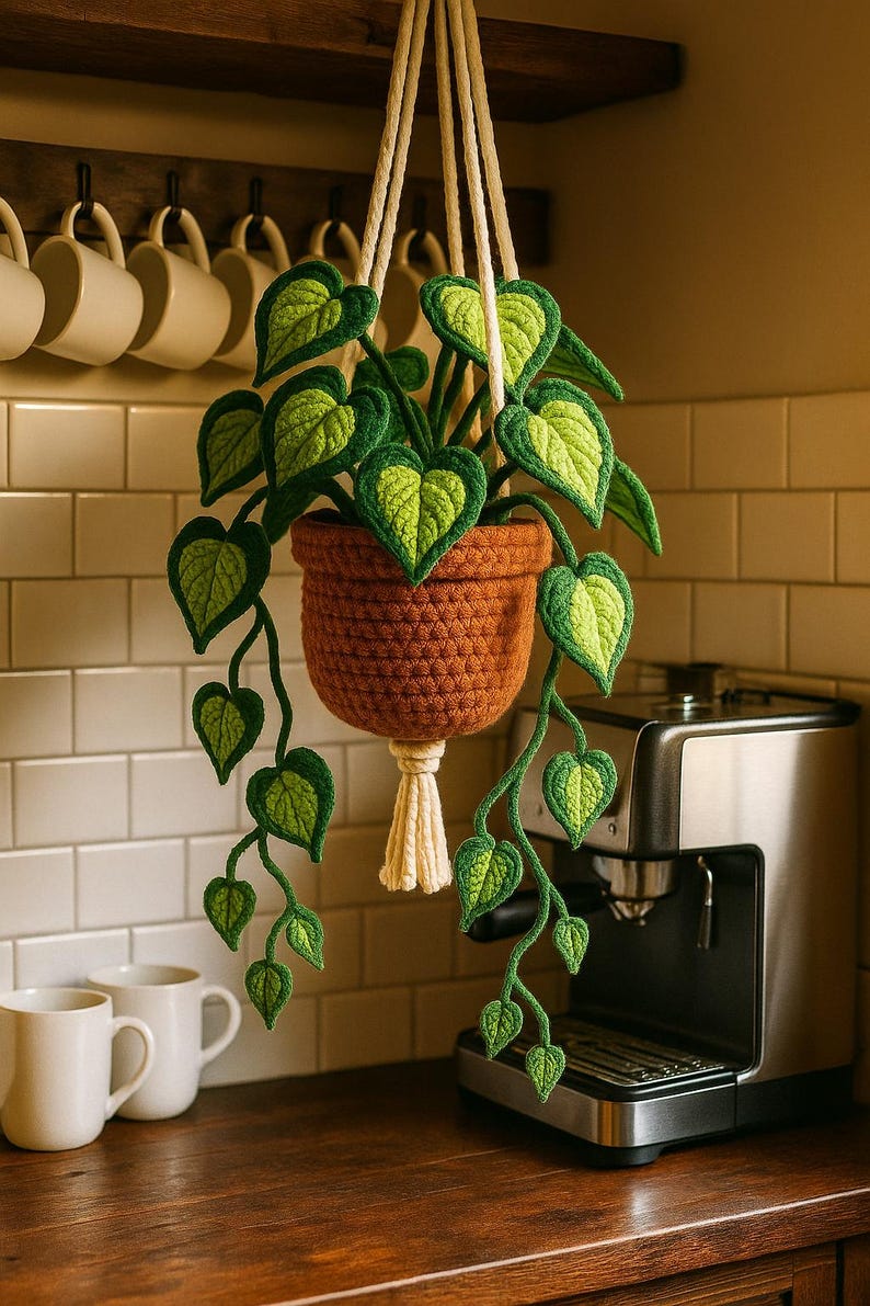 Gehaakte hangplant met hartvormige bladeren, groenblijvend keukendecoratie