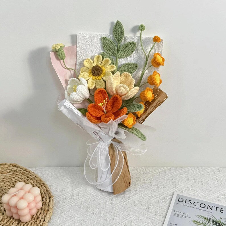 Gehaakt bloemboeket met tulpen, zinnia's en lelietje-van-dalen van katoengaren