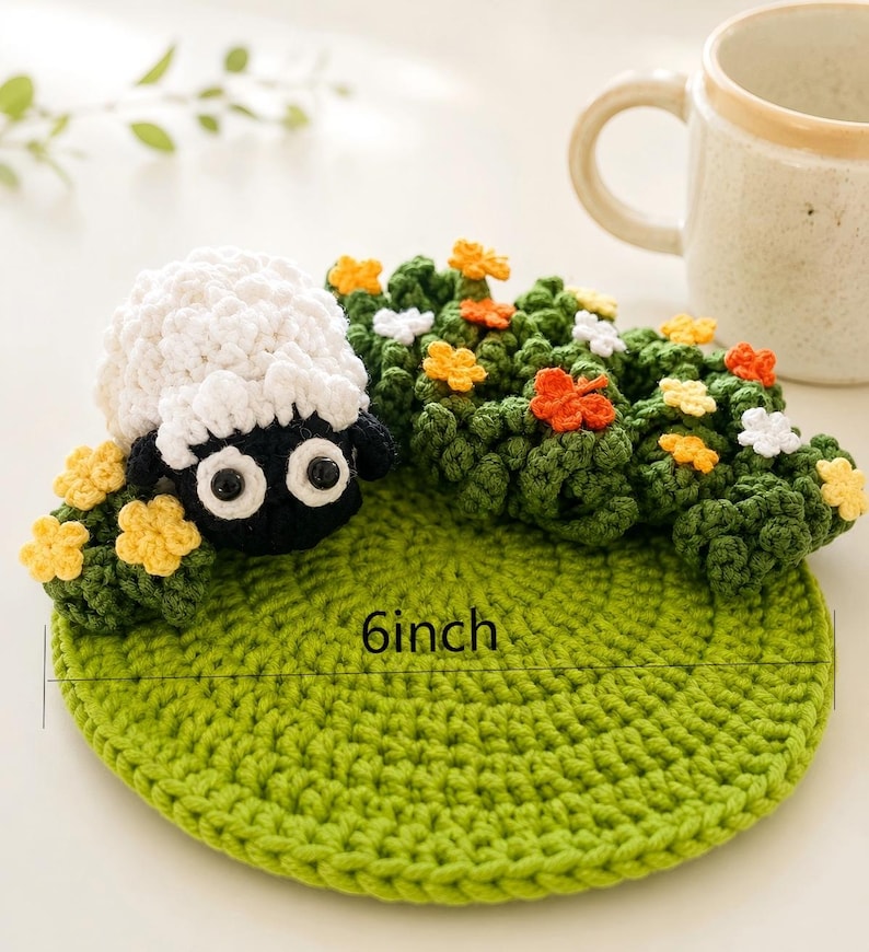 Gehaakte onderzetter in de vorm van een schaap, 3D, handgemaakt, diameter 15 cm