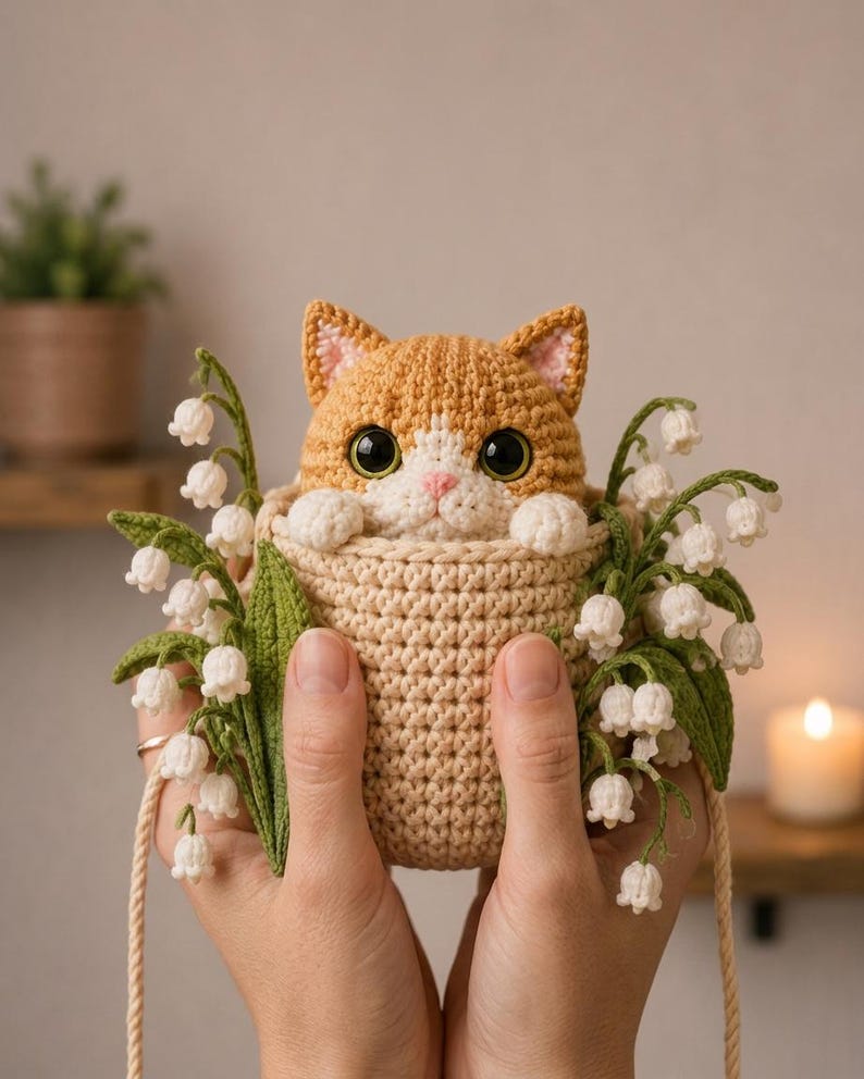 Gehaakte kattenwanddecoratie met hangmand en lelietje-van-dalenbloemen