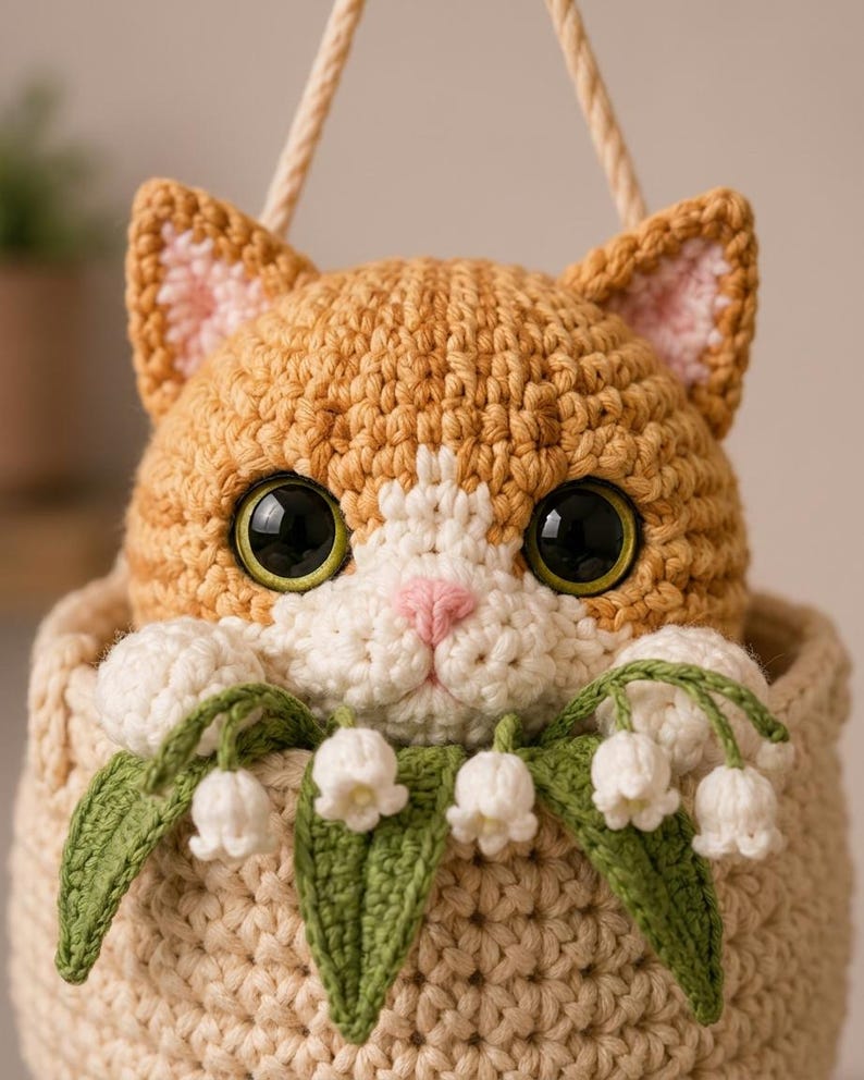 Gehaakte kattenwanddecoratie met hangmand en lelietje-van-dalenbloemen