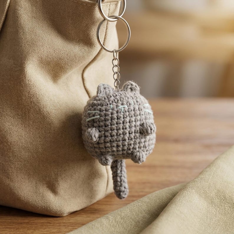 Handgemaakte gehaakte kattensleutelhanger met bloem en gestreepte kat als tasbedel