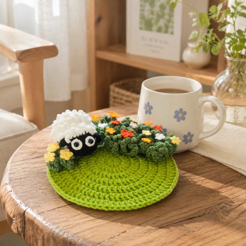 Gehaakte onderzetter in de vorm van een schaap, 3D, handgemaakt, diameter 15 cm