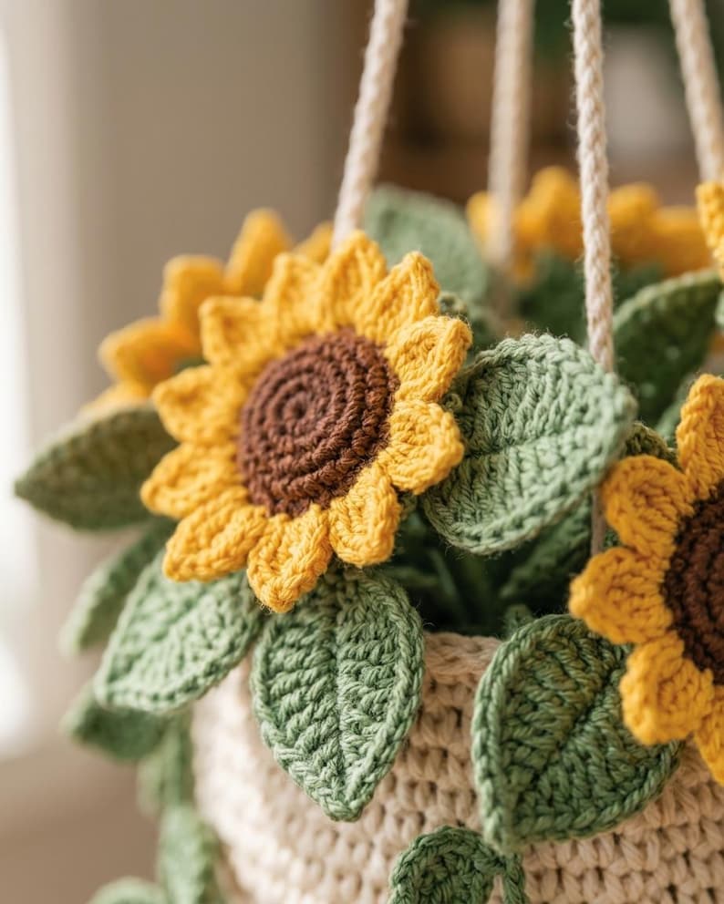 Gehaakte hangmand met zonnebloemmotief van katoengaren voor wanddecoratie