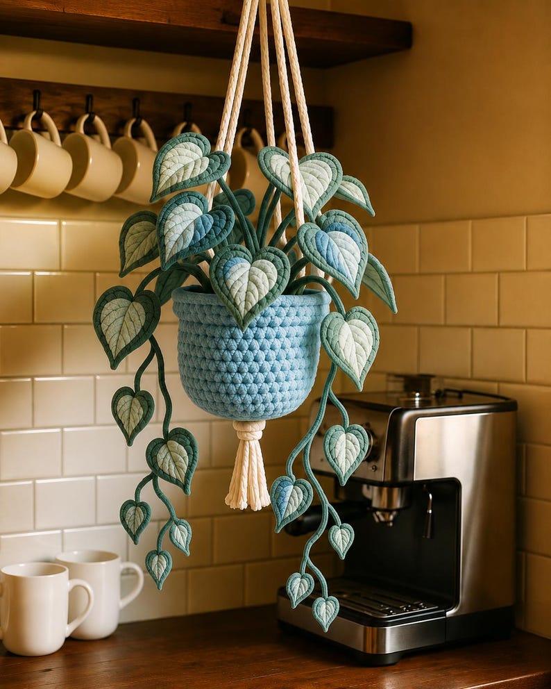 Gehaakte hangmand met hartvormige bladeren en bloemen voor planten, handgemaakte wanddecoratie