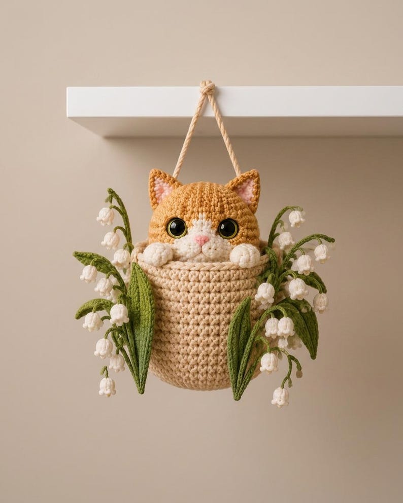 Gehaakte kattenwanddecoratie met hangmand en lelietje-van-dalenbloemen