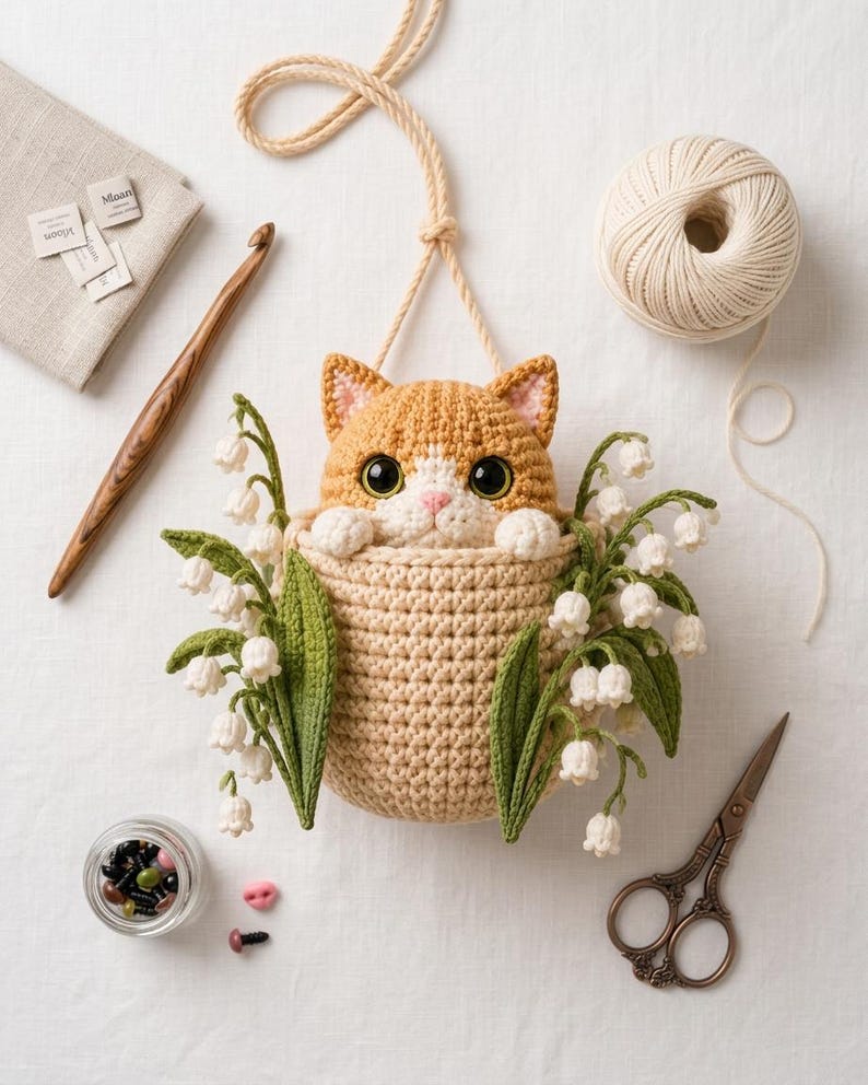 Gehaakte kattenwanddecoratie met hangmand en lelietje-van-dalenbloemen