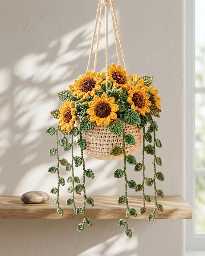 Gehaakte hangmand met zonnebloemmotief van katoengaren voor wanddecoratie