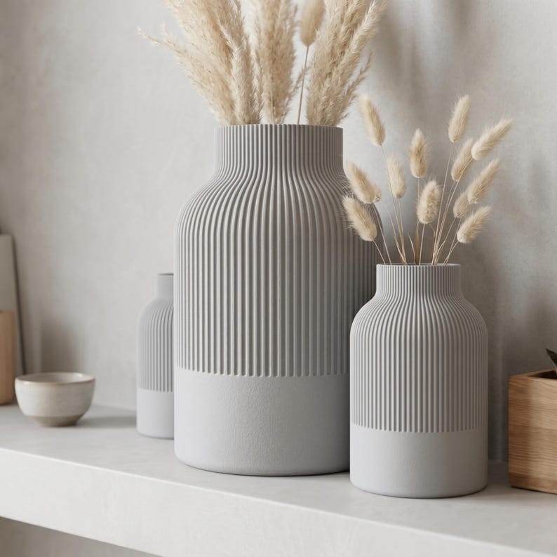 Geribbelde decoratieve vaas met zachte matte textuur voor gedroogde bloemen en pampasgras