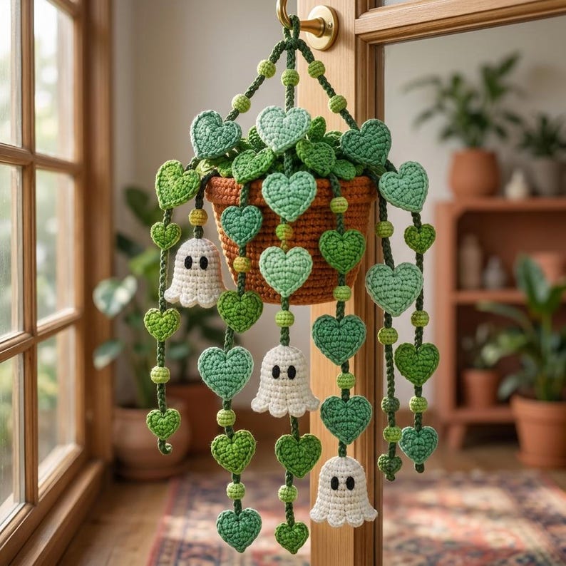 Gehaakte hangplant met spookfiguren en hartvormige wijnstokken van katoen