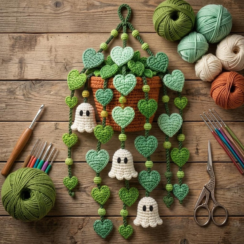 Gehaakte hangplant met spookfiguren en hartvormige wijnstokken van katoen