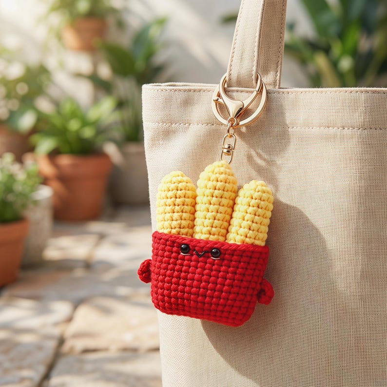 Gehaakte voedselsleutelhanger met kawaii-ontwerp voor tassen, rugzakken en sleutels