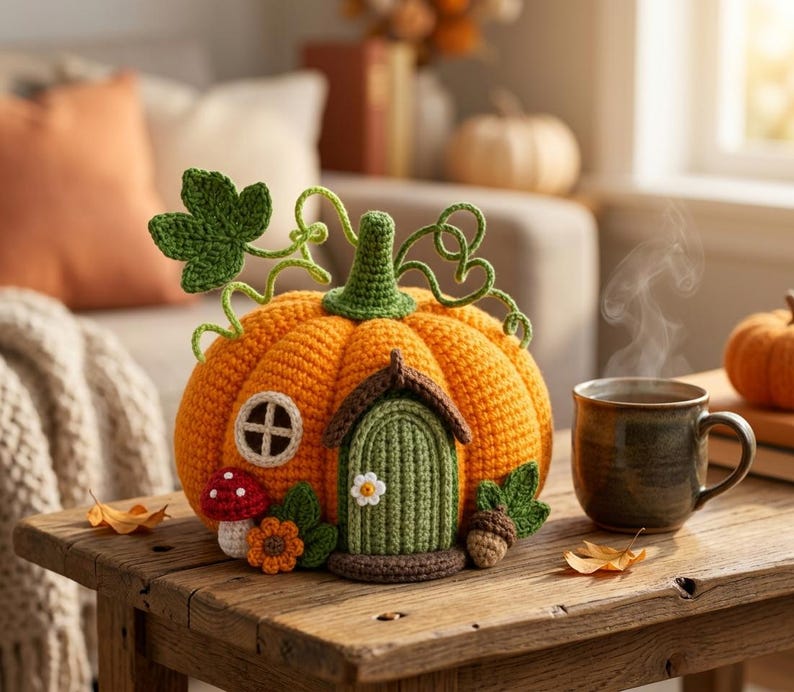 Gehaakt pompoenhuisje als decoratie met deur, raam, klimplanten, paddenstoelen en bladaccenten