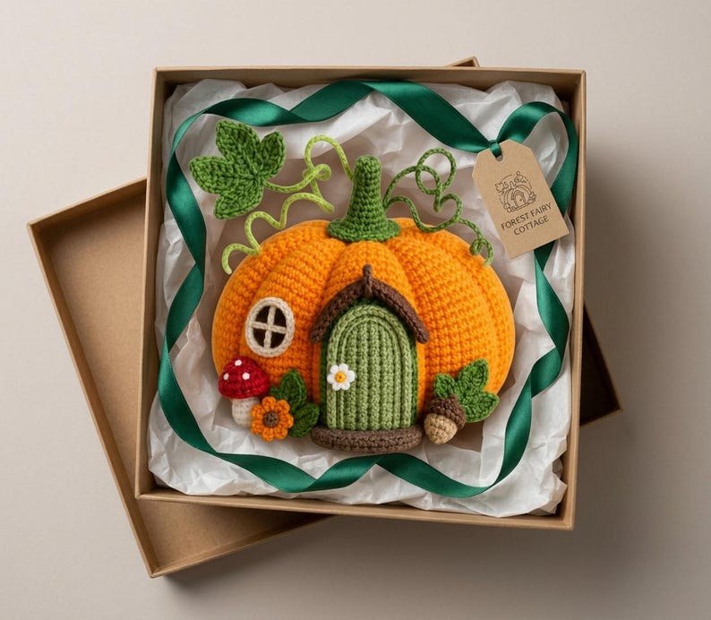 Gehaakt pompoenhuisje als decoratie met deur, raam, klimplanten, paddenstoelen en bladaccenten