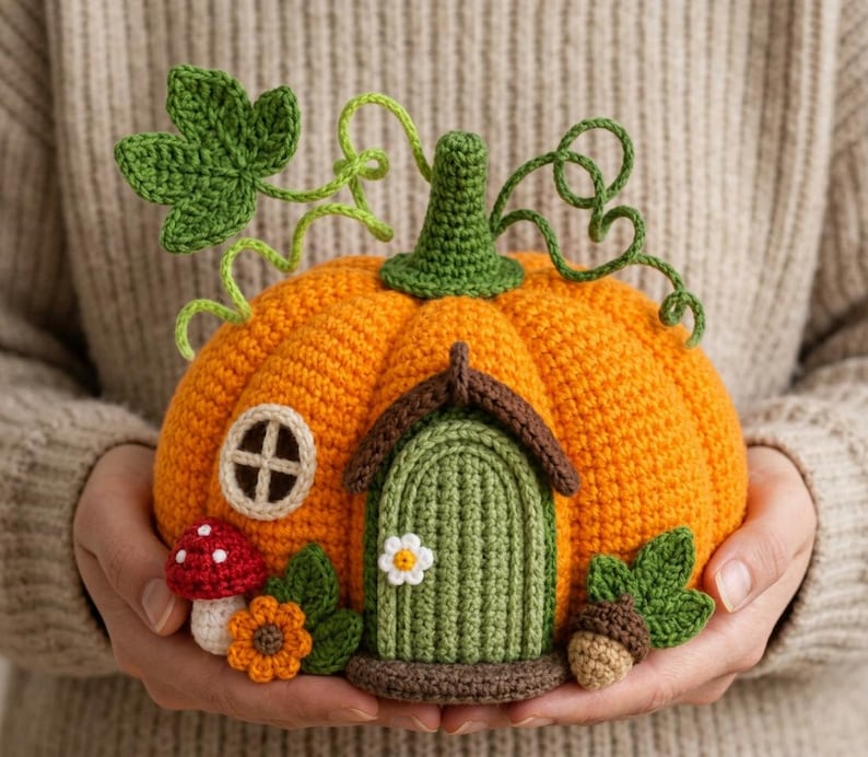 Gehaakt pompoenhuisje als decoratie met deur, raam, klimplanten, paddenstoelen en bladaccenten