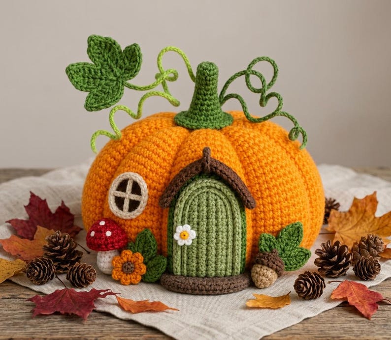 Gehaakt pompoenhuisje als decoratie met deur, raam, klimplanten, paddenstoelen en bladaccenten