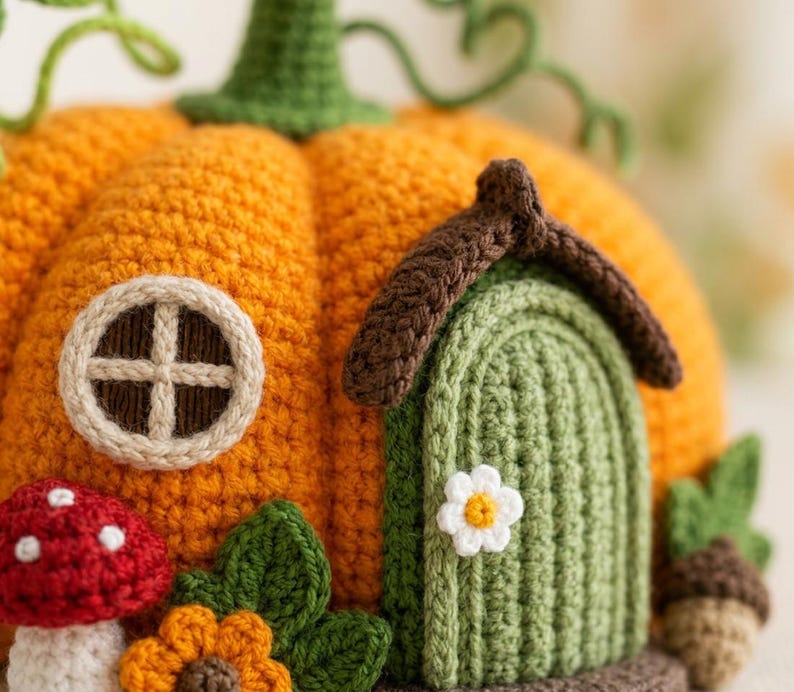 Gehaakt pompoenhuisje als decoratie met deur, raam, klimplanten, paddenstoelen en bladaccenten