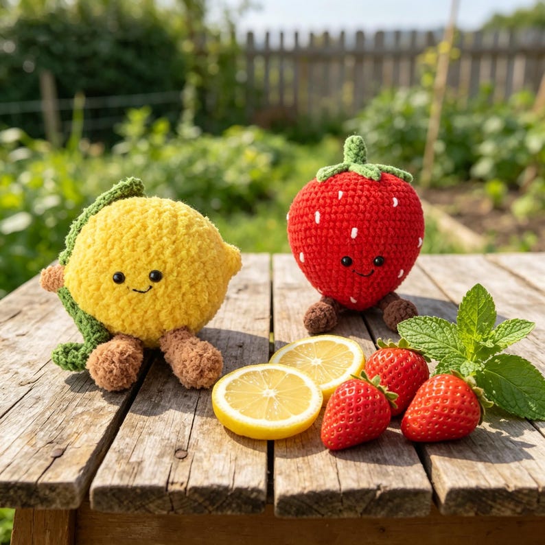 Handgemaakte gehaakte fruitknuffel van pluche chenillegaren met lachend gezichtje en kleine beentjes