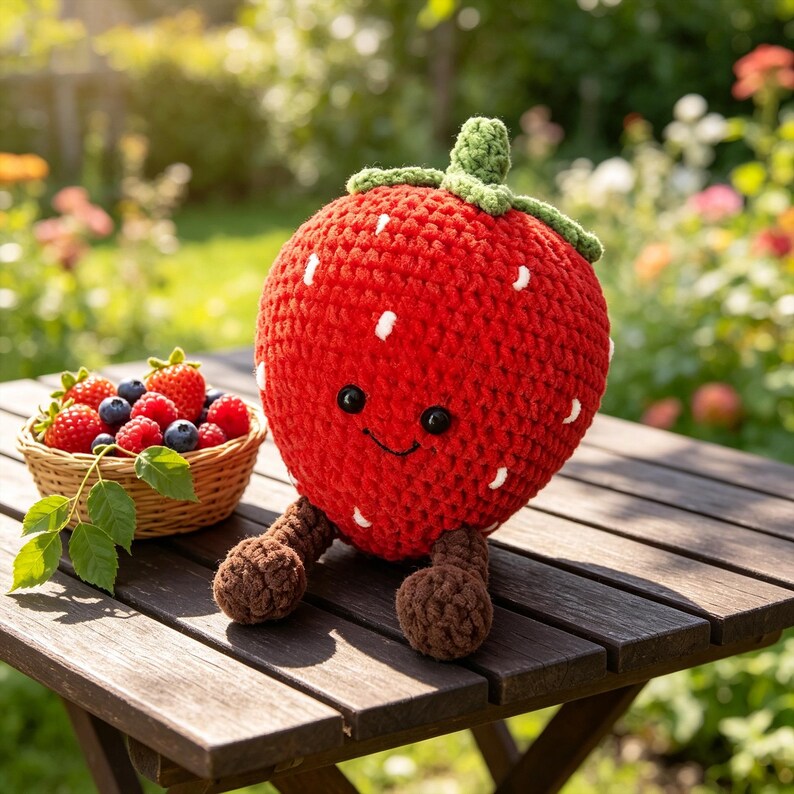 Handgemaakte gehaakte fruitknuffel van pluche chenillegaren met lachend gezichtje en kleine beentjes