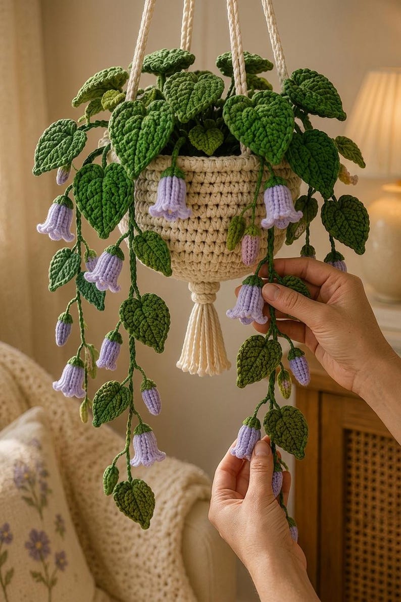 Handgemaakte gehaakte hangplant met paarse klokjesbloemen en macramé hanger