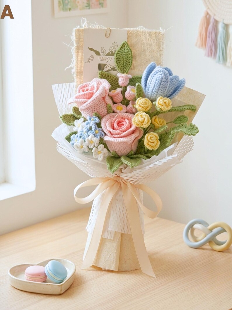 Pastelkleurig gehaakt bloemenboeket, handgemaakt en blijvend cadeau
