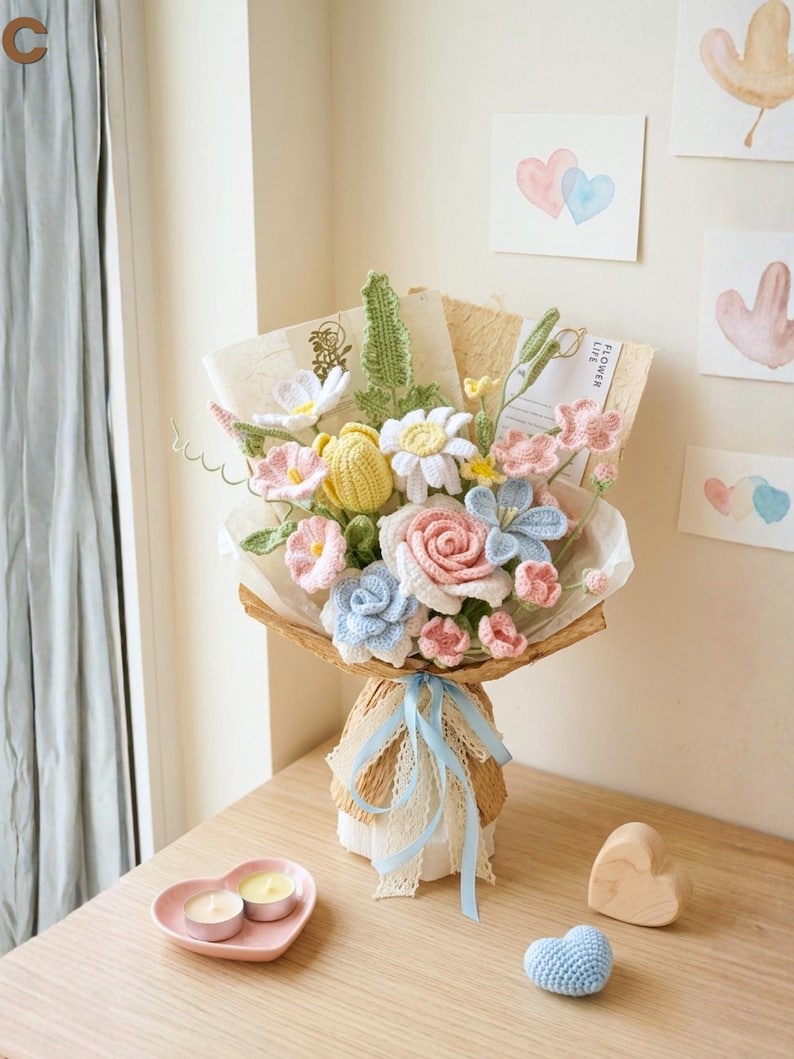 Pastelkleurig gehaakt bloemenboeket, handgemaakt en blijvend cadeau