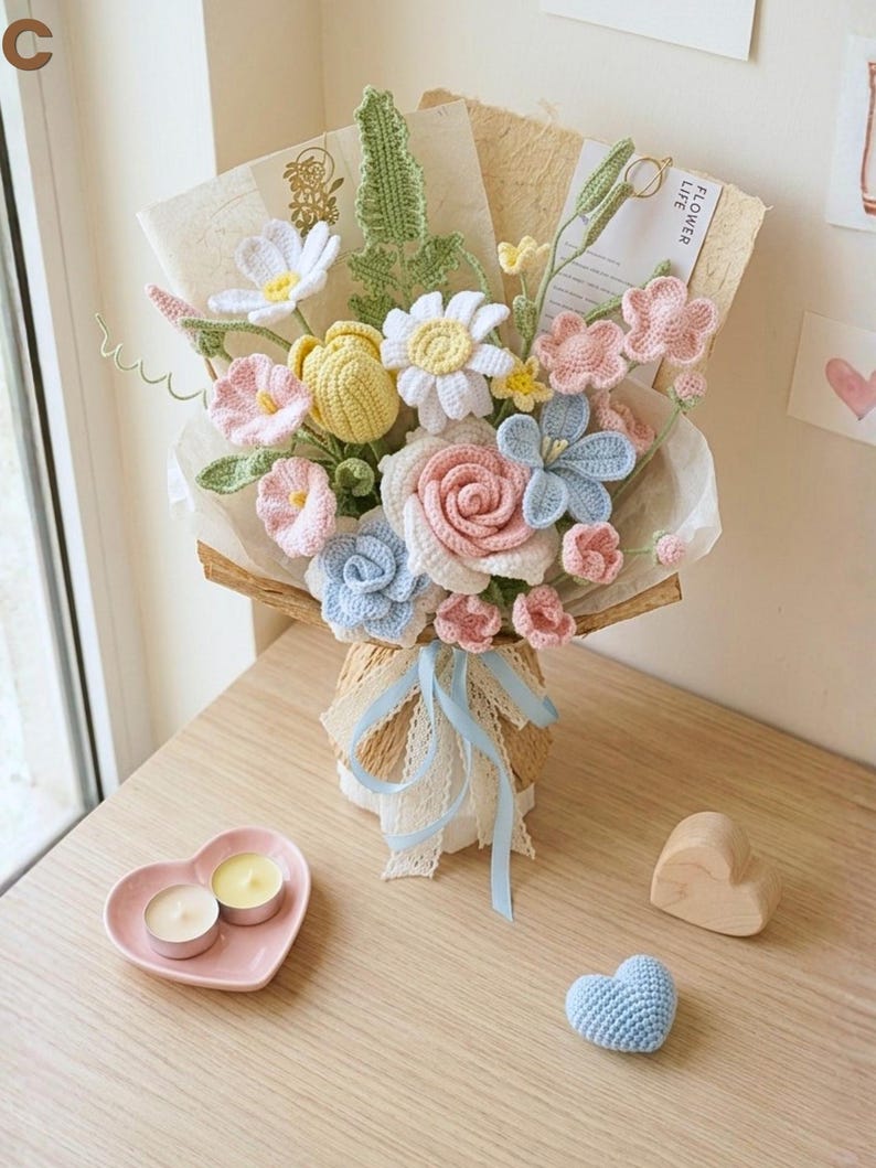 Pastelkleurig gehaakt bloemenboeket, handgemaakt en blijvend cadeau