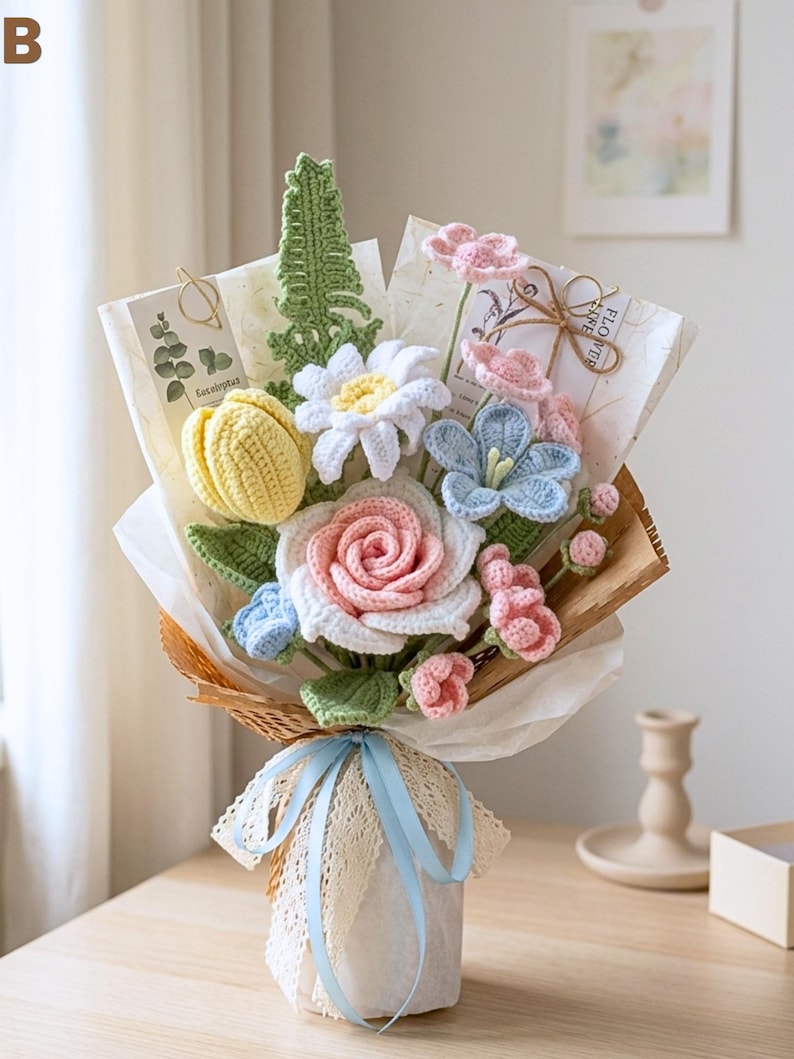 Pastelkleurig gehaakt bloemenboeket, handgemaakt en blijvend cadeau