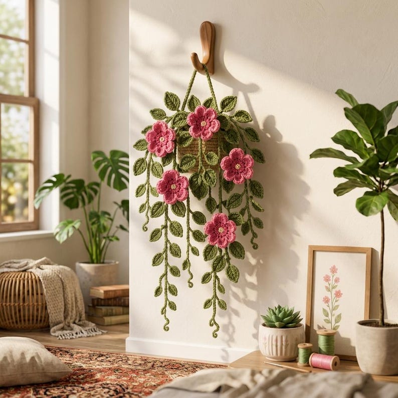 Gehaakte hangende bloemenwanddecoratie van katoengaren met bladeren en ranken