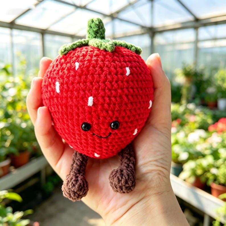 Handgemaakte gehaakte fruitknuffel van pluche chenillegaren met lachend gezichtje en kleine beentjes