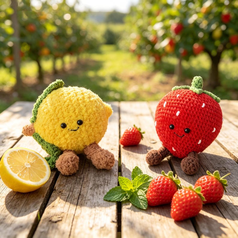 Handgemaakte gehaakte fruitknuffel van pluche chenillegaren met lachend gezichtje en kleine beentjes