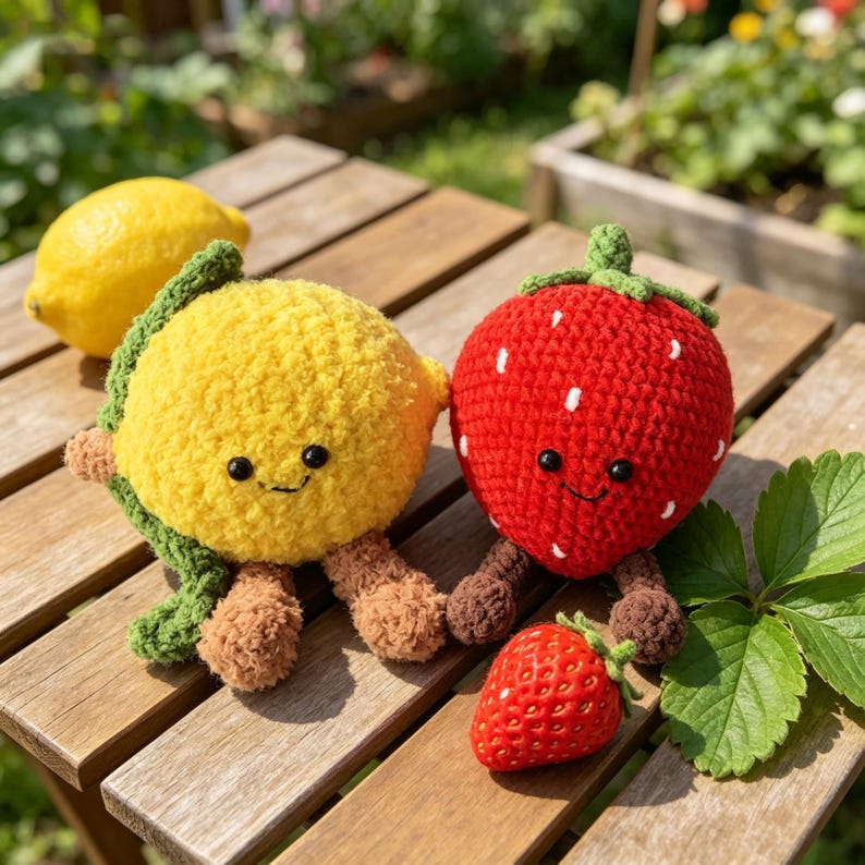 Handgemaakte gehaakte fruitknuffel van pluche chenillegaren met lachend gezichtje en kleine beentjes