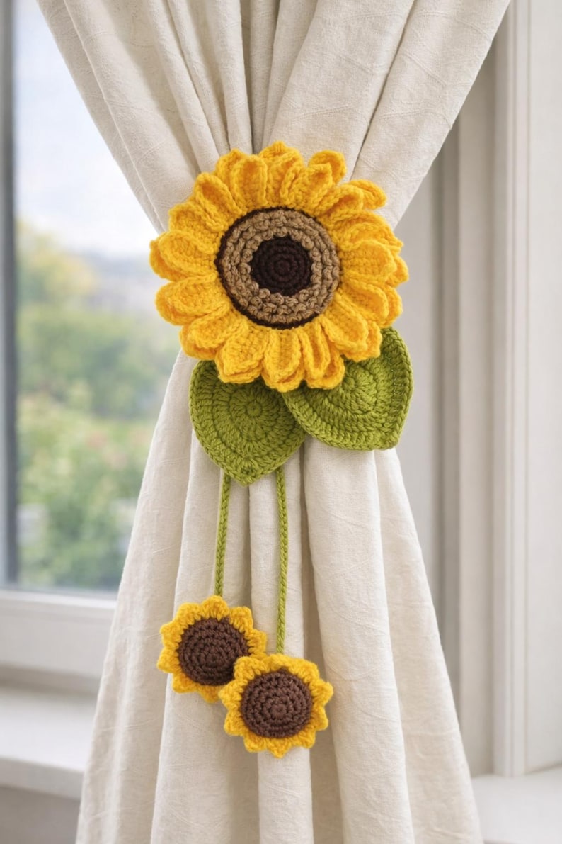 Gehaakte gordijnophanger met zonnebloem en margriet, decoratie van zacht garen