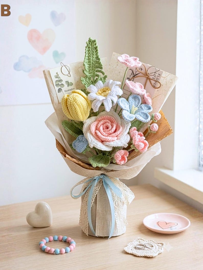 Pastelkleurig gehaakt bloemenboeket, handgemaakt en blijvend cadeau
