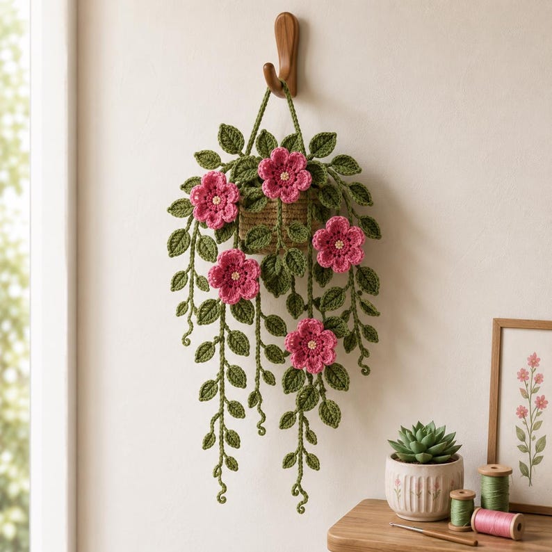 Gehaakte hangende bloemenwanddecoratie van katoengaren met bladeren en ranken