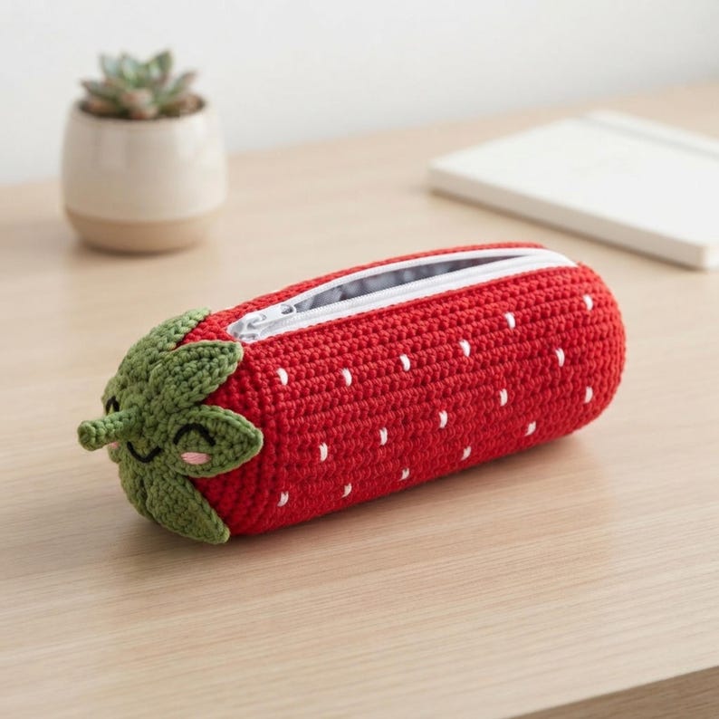 Gehaakt etui in aardbeivorm met ritssluiting van garen, compact tasje voor kleine spullen