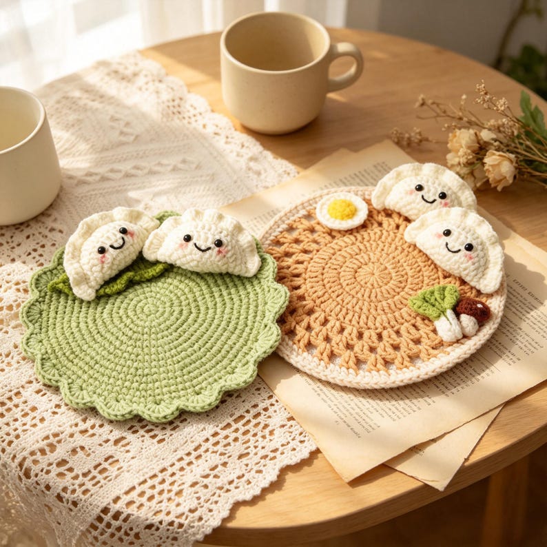 Gehaakte dumpling-onderzetter met 3D-details, handgemaakt van katoengaren voor mokken en glazen