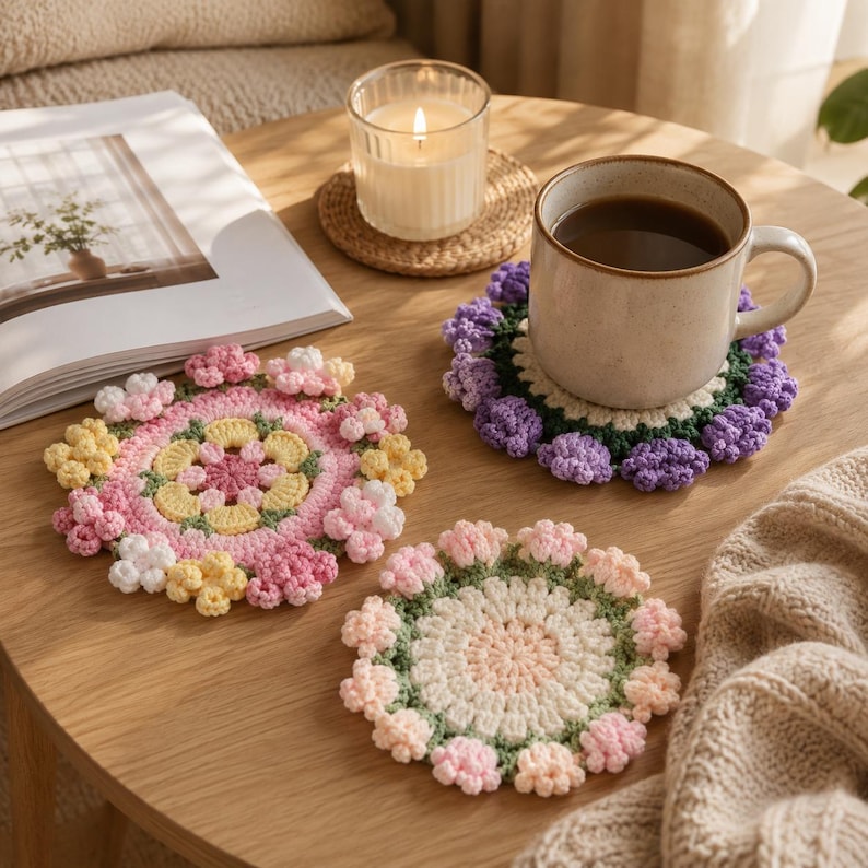 Handgemaakte gehaakte bloemenonderzetters met bloempotje voor koffie en thee